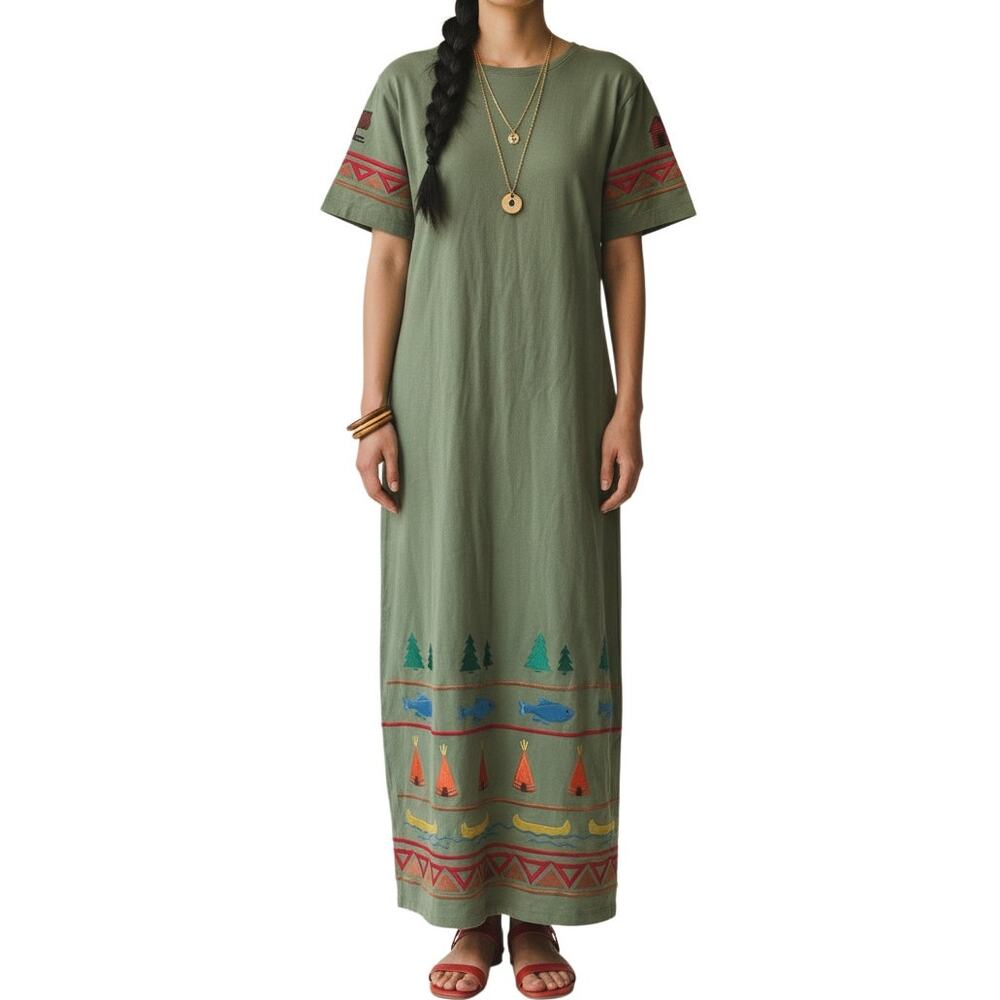 Michael Simon Lite Green Embroidered Cotton Maxi Dress Womens M